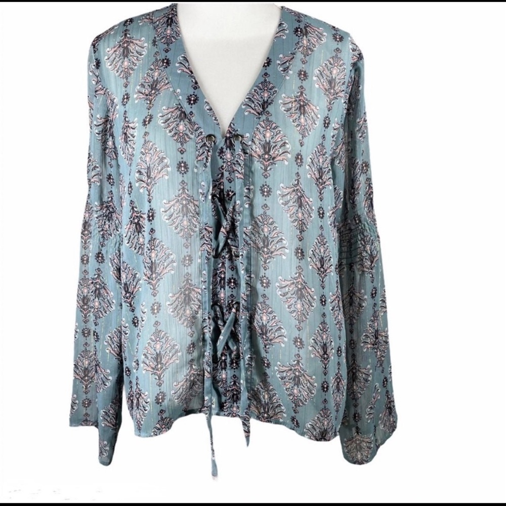 Floral Lace-Up Blouse - Blue flower tie large
